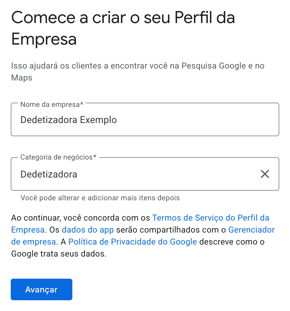 Tela de criação do Perfil da Empresa no Google com o nome Dedetizadora Exemplo e a categoria Dedetizadora preenchidos