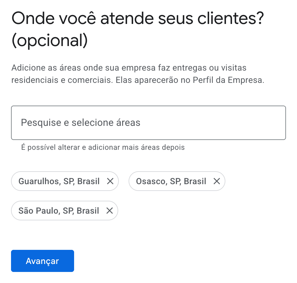 Tela Onde você atende seus clientes com Guarulhos, Osasco e São Paulo adicionadas como áreas