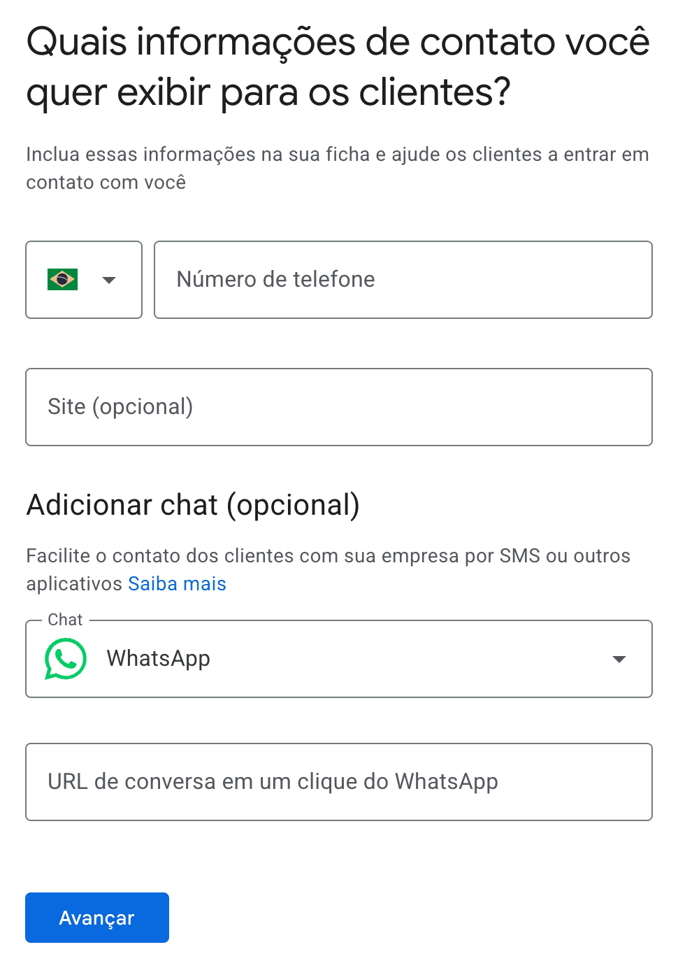 Tela de informações de contato com campos de telefone, site e chat com a opção WhatsApp selecionada