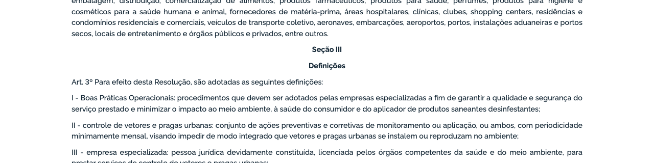 Print do texto oficial da RDC 622/2022 no sistema de legislação da Anvisa, Art. 3º com a definição de controle de vetores e pragas urbanas
